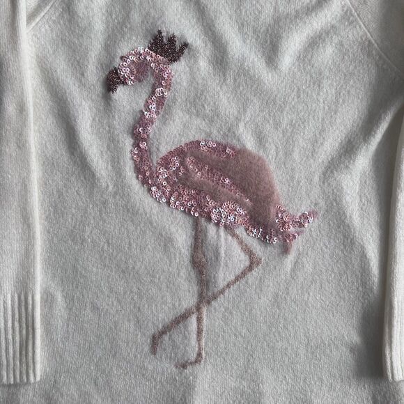 Lauren Conrad Sweater Medium Sequin Flamingo White Crewneck Split Sides Bling - Picture 8 of 8